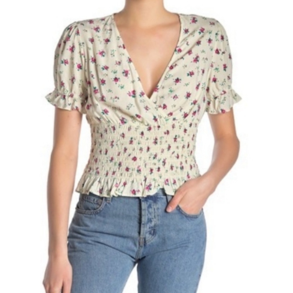 #336 Nordstrom Abound Floral Short Sleeve Smocked Ivory Top